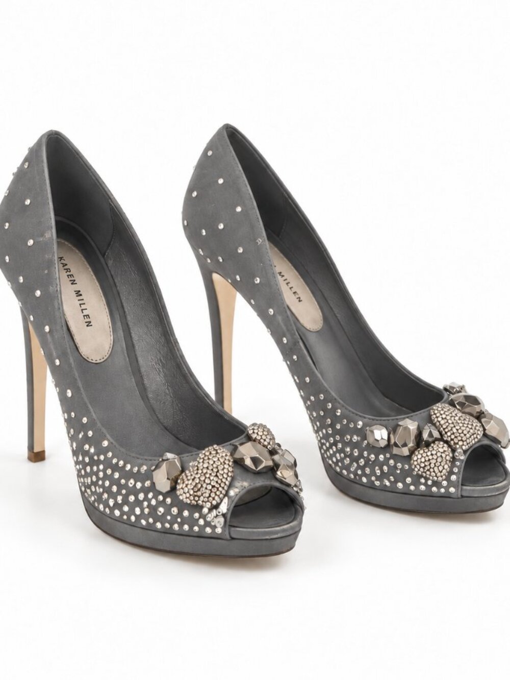 Karen Millen Gray Crystal Jeweled Peep Toe Platform Heels 8.5 With Box